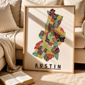 Austin map art print-FRAMED, Available in several colors and sizes, Austin neighborhood art, Austin decor, Austin gift