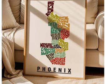 Framed Phoenix neighborhoods map art print, Multiple sizes, color schemes & frame options available, Phoenix art print, Unique Phoenix gift