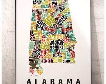 Alabama map art, Alabama art print, signed print of my original hand drawn Alabama typography art, Alabama gift, Alabama decor