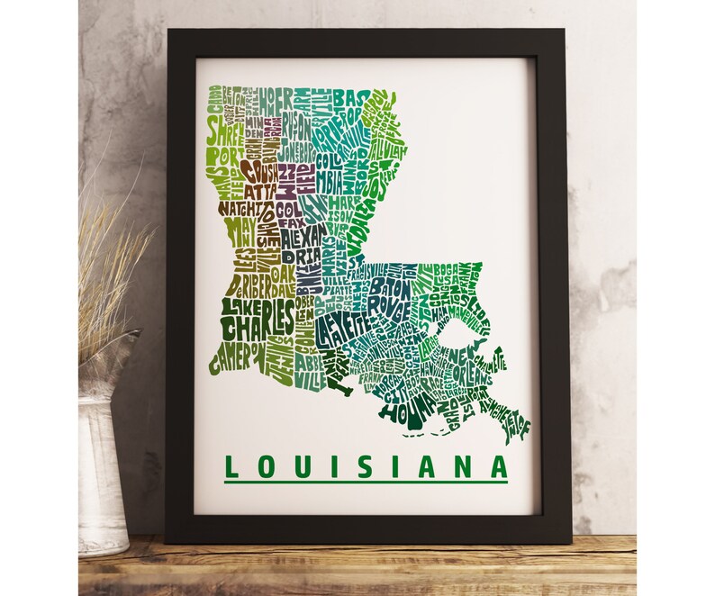 Louisiana map art FRAMED, available in several colors and sizes, Louisiana art print, Louisiana map print, Louisiana decor Green Tones