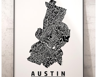 Austin neighborhood map art print, Austin gift, signed print of my original hand drawn Austin typography art, multiple colors available