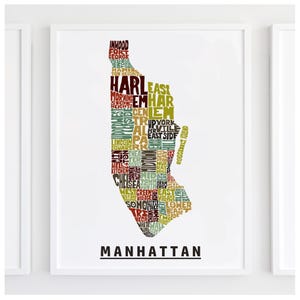 Manhattan neighborhood map print, Manhattan map art print signed, Several Colors and Sizes Available, Hand-lettered map of Manhattan poster