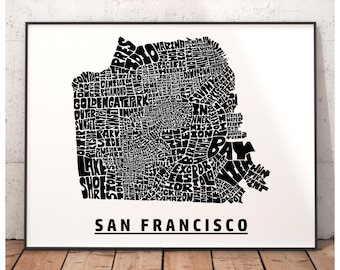 San Francisco neighborhood map art print, San Francisco gift, print of my hand drawn San Francisco typography art, other colors available