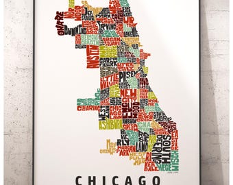 Chicago neighborhood map print, signed print of my original hand drawn Chicago map art, Chicago gift