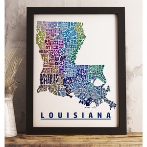 Louisiana map art FRAMED, available in several colors and sizes, Louisiana art print, Louisiana map print, Louisiana decor Blue Tones