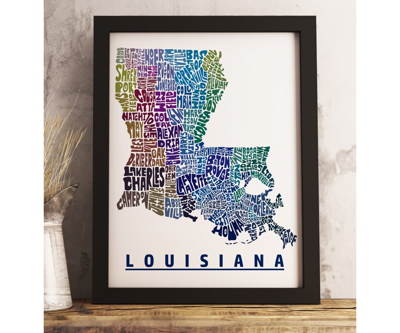 Louisiana map art FRAMED, available in several colors and sizes, Louisiana art print, Louisiana map print, Louisiana decor Blue Tones