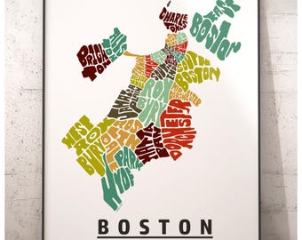 Boston neighborhood map print, signed print of my original hand drawn Boston map art, Boston gift