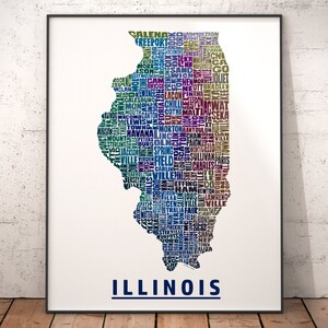 Illinois Map, Illinois Art, Illinois Print, signed print of my original Illinois typography map art Blue Tones (pic 4)