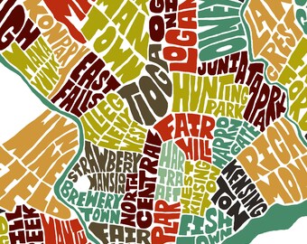 Philadelphia neighborhood map art, Philadelphia art print, print of my original Philadelphia typography style map art