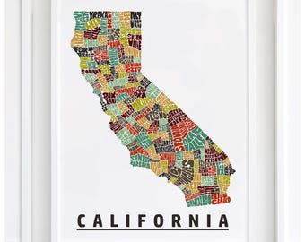 California map art, California decor, California gift, print of my original California typography style map art