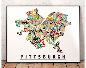 Mapa de barrios de Pittsburgh impreso, lámina firmada de mi dibujo original a mano del mapa de Pittsburgh, regalo de Pittsburgh