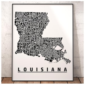 Louisiana map art, Louisiana art print, print of my original hand drawn Louisiana typography, Louisiana gift, multiple colors available