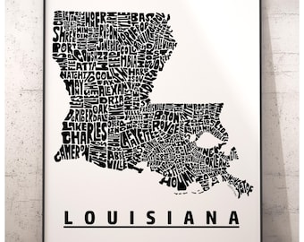 Louisiana map art, Louisiana art print, print of my original hand drawn Louisiana typography, Louisiana gift, multiple colors available