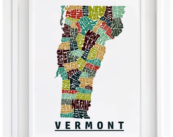 Vermont map art, Vermont decor, Vermont gift, print of my original Vermont typography style map art