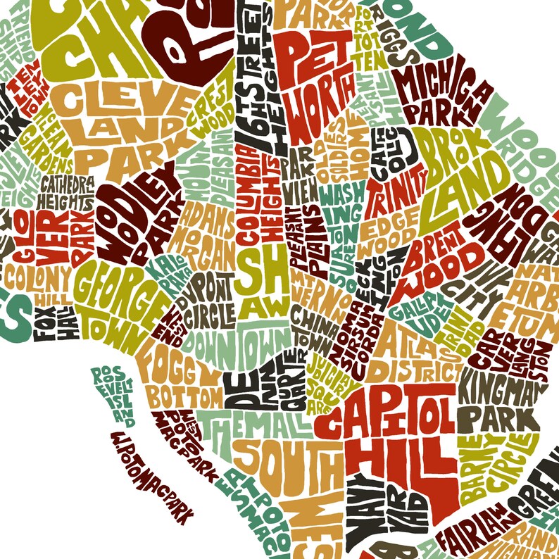 Framed Washington DC Neighborhoods Map Art Print, Multiple Sizes, Color ...