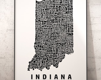 Indiana Map, Indiana Art, Indiana Print, signed print of my original Indiana typography map art