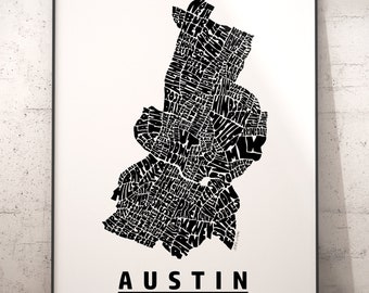 Austin neighborhood map print, signed print of my original Austin typography map art