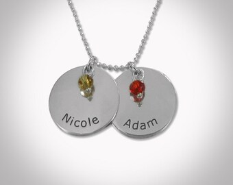 Personalized Mother Pendant with Engraved Family Names - Children Birthstone Necklace