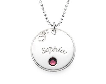 Personalized Mother Grandmother Jewelry Necklace Engraved 1 Disc & 1 Birthstone