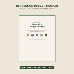 Renovation Budget Tracker | Fillable & Printable Home Renovation Planner | Contractor Bid Comparison and Expense Log | Letter + A4