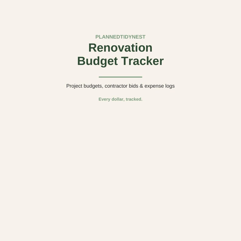 Modèle imprimable de suivi budgétaire pour rénovation | Planificateur de rénovation de maison | Comparateur de devis d'entrepreneurs | Organisateur de registre des dépenses | Format PDF US Letter image 1