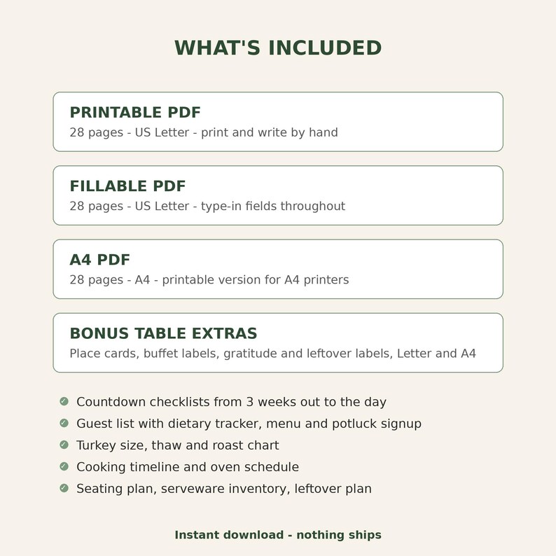 Thanksgiving Hosting Planner | Fillable & Printable Menu, Guest List, Grocery List, Cooking Timeline, Turkey Chart | Letter + A4 image 3