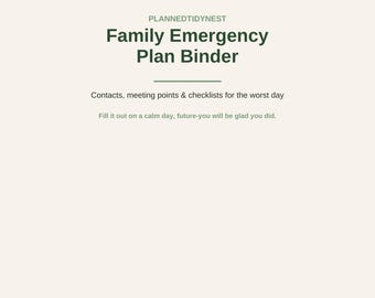 Classeur d'urgence familial à imprimer | Plan de préparation aux situations d'urgence | Liste de contrôle pour sac d'urgence | Organisateur de contacts d'urgence | Format Lettre US (PDF)