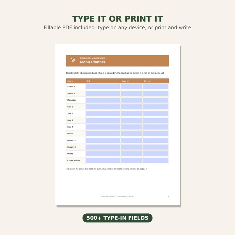 Thanksgiving Hosting Planner | Fillable & Printable Menu, Guest List, Grocery List, Cooking Timeline, Turkey Chart | Letter + A4 image 6