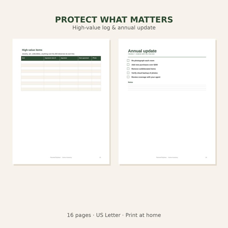 Home Inventory Checklist Printable | Room by Room Valuables Log for Insurance | Household Property Organizer | US Letter PDF image 3