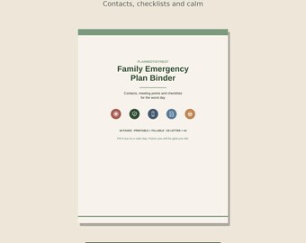 Family Emergency Plan Binder | Fillable & Printable Emergency Contacts, Go-Bag, Medical and Evacuation Planner | Letter + A4