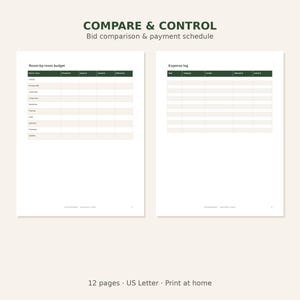 Modèle imprimable de suivi budgétaire pour rénovation | Planificateur de rénovation de maison | Comparateur de devis d'entrepreneurs | Organisateur de registre des dépenses | Format PDF US Letter image 3