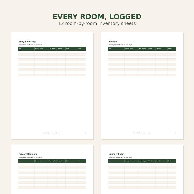 Home Inventory Checklist Printable | Room by Room Valuables Log for Insurance | Household Property Organizer | US Letter PDF image 2