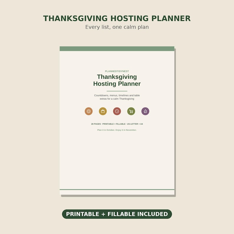 Thanksgiving Hosting Planner | Fillable & Printable Menu, Guest List, Grocery List, Cooking Timeline, Turkey Chart | Letter + A4 image 1