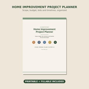 Home Improvement Project Planner | Fillable & Printable | Project Scope, Budget, Bids and Timeline Worksheets | Letter + A4 PDF