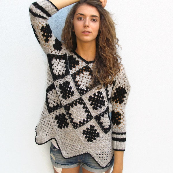 Retro Women Crochet  Granny square sweater Grey-Black Crochet Afghan for women Unique Design