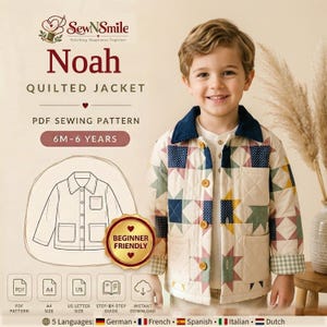 May include: A PDF sewing pattern for a quilted jacket titled Noah, featuring a star-patterned fabric design with a dark blue collar, wooden buttons, and two front pockets. The pattern is for sizes 6 months to 6 years and includes a beginner-friendly guide.