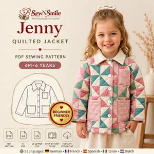Puede incluir: Un patrón de costura en PDF para la chaqueta acolchada Jenny, tallas de 6 meses a 6 años. La imagen muestra a un niño con una chaqueta acolchada con un patrón geométrico de triángulos en rosa, verde y blanco, cuello y botones blancos.