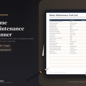 Puede incluir: Un planificador digital de mantenimiento del hogar en una pantalla de tableta, con una lista de tareas que incluye columnas para tarea, frecuencia, última vez y próxima fecha. El texto dice Home Maintenance Planner, Fillable PDF y Excel & Google Sheets file.