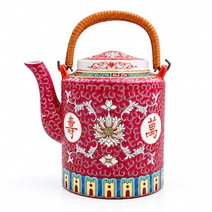 Vintage Chinese Jingdezhen Mun Shou Longevity Porcelain Teapot Pink Red Famille Rose Rattan Handle
