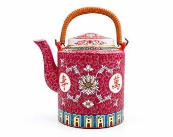 Vintage chinesische Jingdezhen Mun Shou Langlebigkeits-Porzellan-Teekanne, rosa-rot, Famille Rose Rattangriff