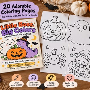 May include: A Halloween coloring book titled Little Boos, Big Colors with 20 coloring pages, featuring a purple dinosaur, a ghost, and a pumpkin on the cover, alongside four loose white pages with black line art of a pumpkin, ghost, spider, and cat.
