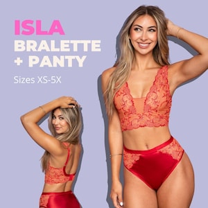 May include: A coral lace bralette and red satin high-waisted panty set. The bralette has a V-neck and detailed lace. The set is modelled against a purple backdrop. The image includes the text "ISLA BRALETTE + PANTY Sizes XS-5X", indicating the product name and size range of the lingerie.