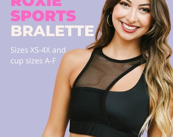 Op de afbeelding: Zwarte sportbeha met een mesh-paneel en een uitsparing. De beha heet "Roxie Sports Bralette" en is verkrijgbaar in de maten XS-4X en cupmaten A-F.