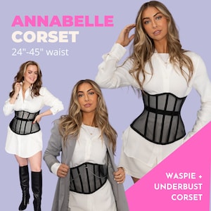 May include: A black mesh corset with a silver chain detail. The corset is a waspie style and is designed to fit waists from 24 to 45 inches.