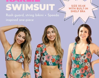 May include: Three women model different styles of swimsuits. The first swimsuit is a string bikini with a floral print. The second swimsuit is a long-sleeved rash guard with a floral print. The third swimsuit is a one-piece with a floral print. The text on the image reads "KARLIE SWIMSUIT Rash guard, string bikini + Speedo inspired one-piece SIZE XS-5X WITH BUILT-IN SHELF BRA".