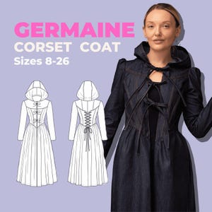 May include: A dark blue denim corset coat with a hood, long sleeves, and front tie closures. The image includes text reading GERMAINE CORSET COAT Sizes 8-26 and a technical line drawing showing the front and back views of the coat with a back lace-up.