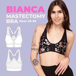 Op de afbeelding: Een vrouw draagt een zwarte mastectomie-bh met een bloemenpatroon. De bh heeft een sluiting aan de voorkant en verstelbare bandjes. De afbeelding toont ook een lijntekening van de bh en de tekst "BIANCA MASTECTOMY BRA Maten XS-5X".