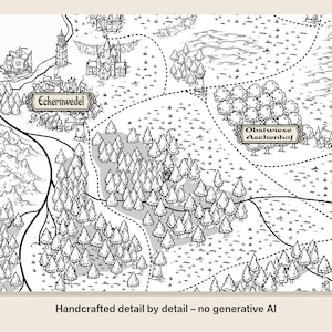 May include: A black and white illustrated fantasy map featuring detailed terrain, forests, mountains, and castles. The map includes labeled locations with the text Eckernwedel and Obstwiese Aschenhof, connected by winding paths and dotted travel routes.