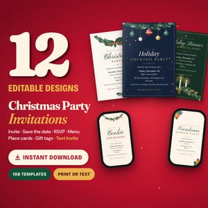 Modèle d'invitation pour une fête de Noël, invitation PDF modifiable, 12 modèles, confirmation de présence, invitation par SMS, remerciements, menu, marque-places et étiquettes cadeaux