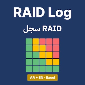 Könnte beinhalten: Eine dunkelblaue Grafik mit dem weißen Text RAID Log und arabischem Text. Darunter befindet sich ein fünf-mal-fünf Raster aus farbigen Quadraten in Grün, Gelb und Rot. Unten zeigt ein gelber rechteckiger Button den Text AR + EN • Excel.